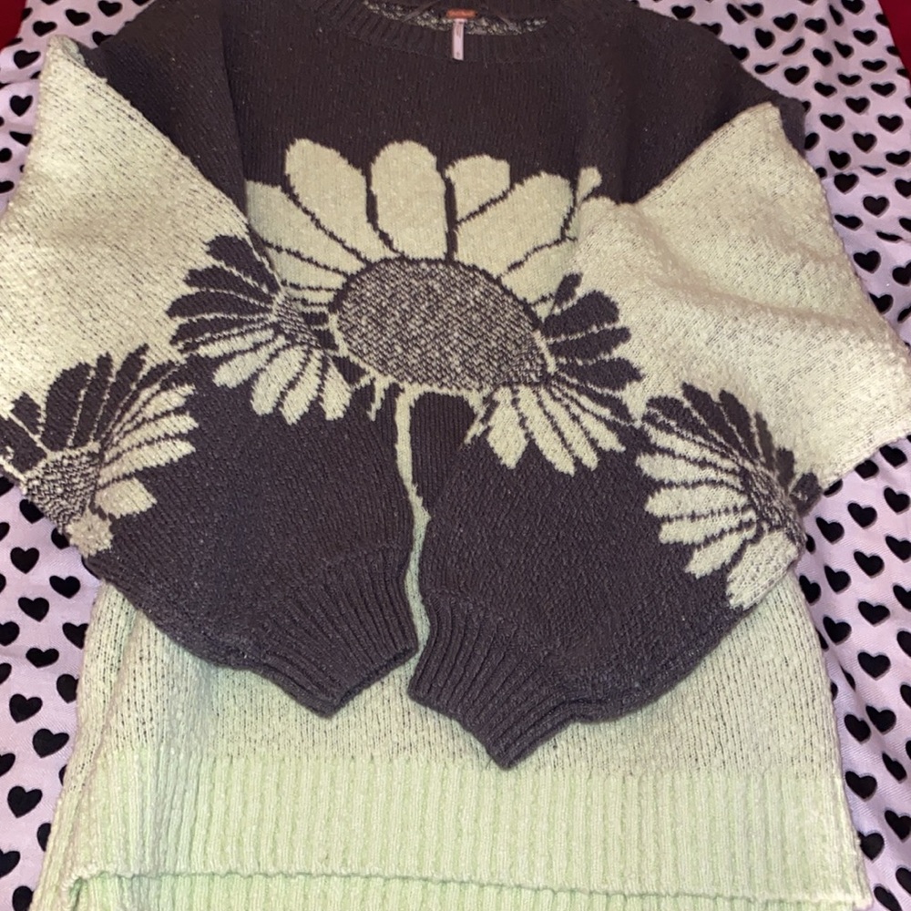 Free People Olive Green and Light Green Daisy Knit Crewneck Sweater - Picture 6 of 6